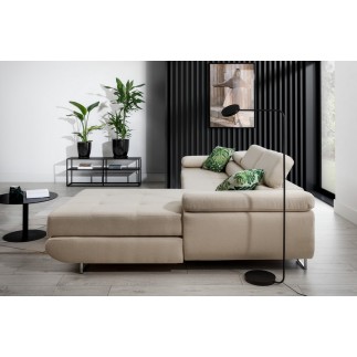 Canapé d'angle convertible ARMEL en tissu luxe 5 places, beige, avec coffre, angle droit (vu de face)