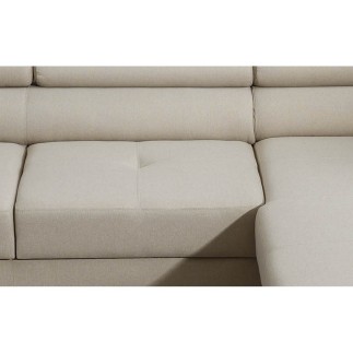 Canapé d'angle convertible ARMEL en tissu luxe 5 places, beige, avec coffre, angle droit (vu de face)