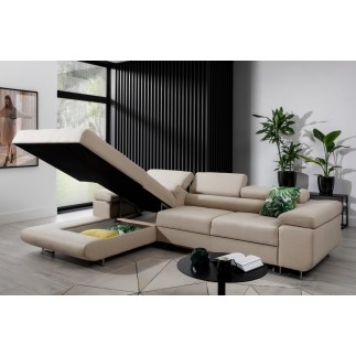 - Canapé d'angle convertible ARMEL en tissu luxe 5 places, beige, avec coffre, angle gauche (vu de face)