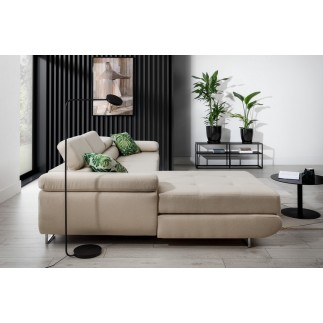- Canapé d'angle convertible ARMEL en tissu luxe 5 places, beige, avec coffre, angle gauche (vu de face)