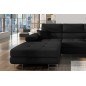 Canapé d'angle convertible ARMEL en tissu luxe 5 places, noir, avec coffre, angle gauche (vu de face)