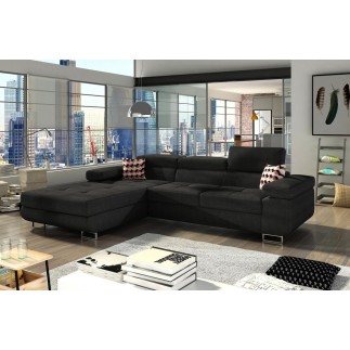 Canapé d'angle convertible ARMEL en tissu luxe 5 places, noir, avec coffre, angle gauche (vu de face)