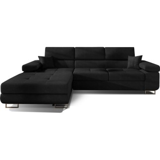 Canapé d'angle convertible ARMEL en tissu luxe 5 places, noir, avec coffre, angle gauche (vu de face)