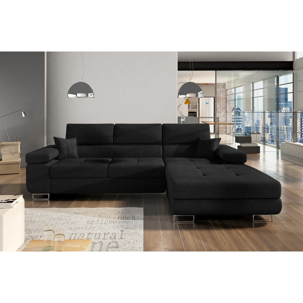 Canapé d'angle convertible ARMEL en tissu luxe 5 places, noir, avec coffre, angle droit (vu de face) Canapé d'angle convertible ARMEL en tissu luxe 5 places, noir, avec coffre, angle droit (vu de face)