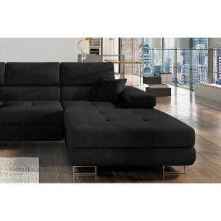 Canapé d'angle convertible ARMEL en tissu luxe 5 places, noir, avec coffre, angle droit (vu de face)