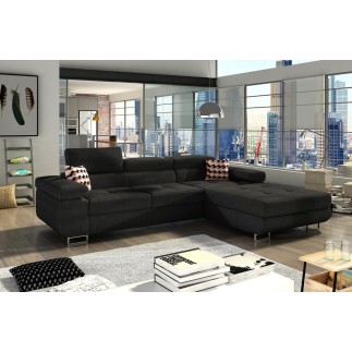 Canapé d'angle convertible ARMEL en tissu luxe 5 places, noir, avec coffre, angle droit (vu de face)
