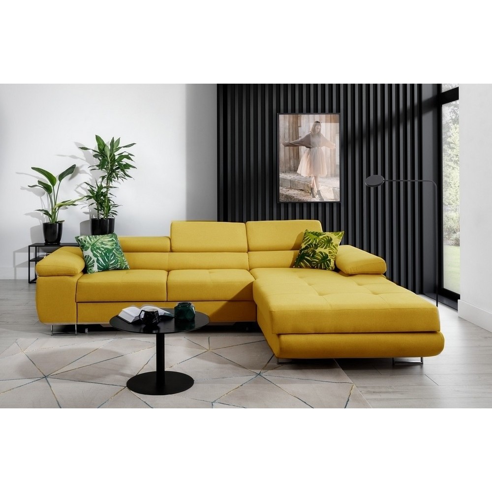 Canapé d'angle convertible ARMEL en tissu luxe 5 places, jaune moutarde, avec coffre, angle droit (vu de face) Canapé d'angle convertible ARMEL en tissu luxe 5 places, jaune moutarde, avec coffre, angle droit (vu de face)