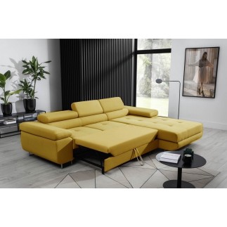 Canapé d'angle convertible ARMEL en tissu luxe 5 places, jaune moutarde, avec coffre, angle droit (vu de face)