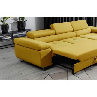 Canapé d'angle convertible ARMEL en tissu luxe 5 places, jaune moutarde, avec coffre, angle droit (vu de face)