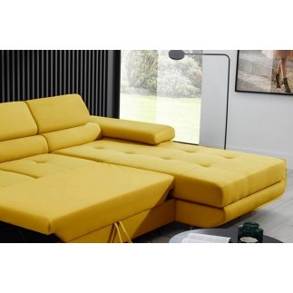 Canapé d'angle convertible ARMEL en tissu luxe 5 places, jaune moutarde, avec coffre, angle droit (vu de face)