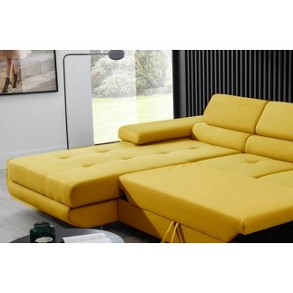 Canapé d'angle convertible ARMEL en tissu luxe 5 places, jaune moutarde, avec coffre, angle gauche (vu de face)
