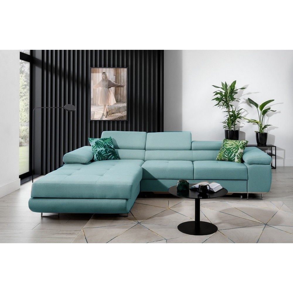 - Canapé d'angle convertible ARMEL en tissu luxe 5 places, turquoise, avec coffre, angle gauche (vu de face)