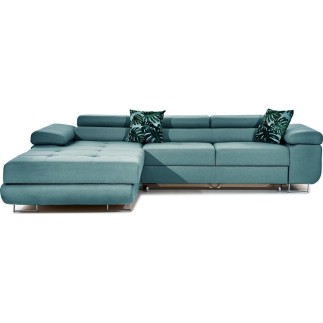 - Canapé d'angle convertible ARMEL en tissu luxe 5 places, turquoise, avec coffre, angle gauche (vu de face)