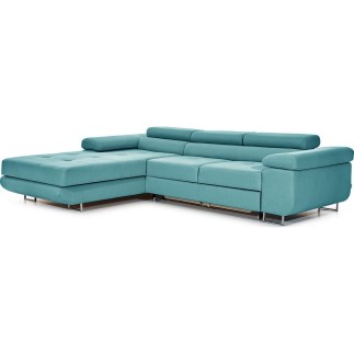 - Canapé d'angle convertible ARMEL en tissu luxe 5 places, turquoise, avec coffre, angle gauche (vu de face)
