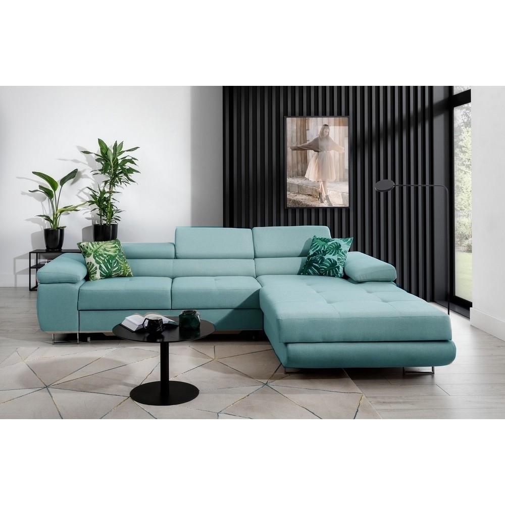 Canapé d'angle convertible ARMEL en tissu luxe 5 places, turquoise, avec coffre, angle droit (vu de face)