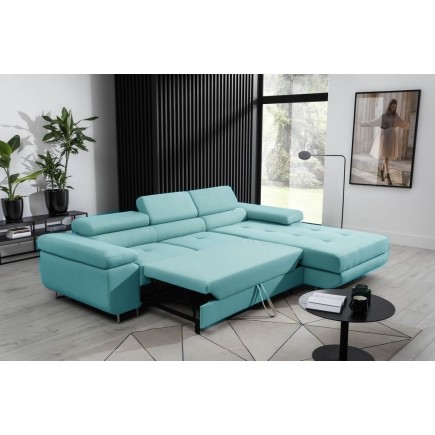 Canapé d'angle convertible ARMEL en tissu luxe 5 places, turquoise, avec coffre, angle droit (vu de face)