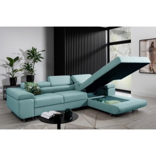 Canapé d'angle convertible ARMEL en tissu luxe 5 places, turquoise, avec coffre, angle droit (vu de face)