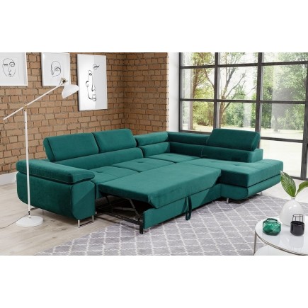 Canapé d'angle convertible en tissu luxe 5 places, avec coffre, vert, angle droit (vu de face), ANNECY KRONO