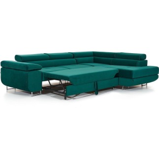 Canapé d'angle convertible en tissu luxe 5 places, avec coffre, vert, angle droit (vu de face), ANNECY KRONO