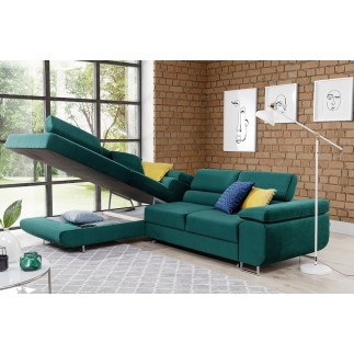 - Canapé d'angle convertible en tissu luxe 5 places, avec coffre, vert, angle gauche (vu de face), ANNECY KRONO