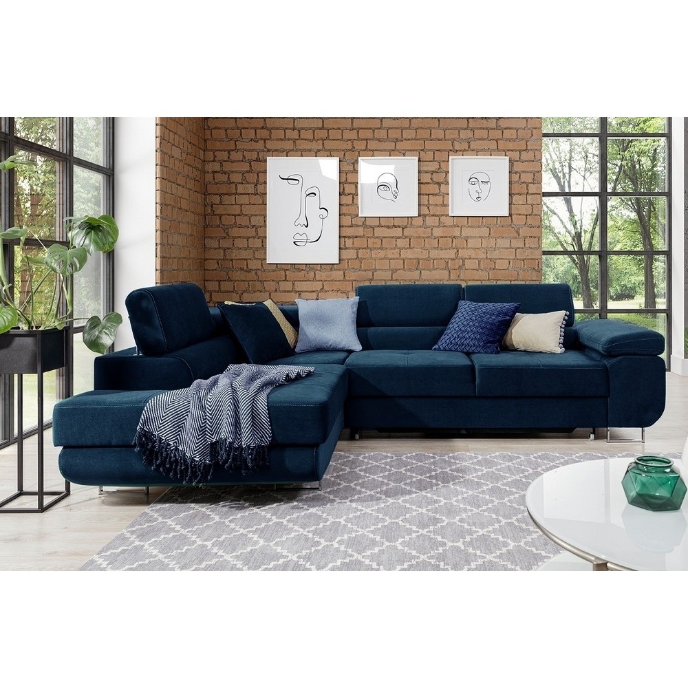 - Canapé d'angle convertible en tissu luxe 5 places, avec coffre, bleu foncé, angle gauche (vu de face), ANNECY KRONO