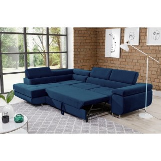 - Canapé d'angle convertible en tissu luxe 5 places, avec coffre, bleu foncé, angle gauche (vu de face), ANNECY KRONO