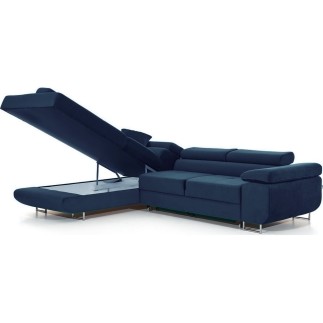 - Canapé d'angle convertible en tissu luxe 5 places, avec coffre, bleu foncé, angle gauche (vu de face), ANNECY KRONO