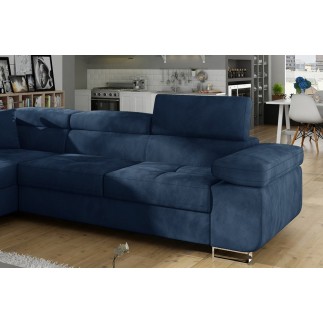 - Canapé d'angle convertible en tissu luxe 5 places, avec coffre, bleu foncé, angle gauche (vu de face), ANNECY KRONO