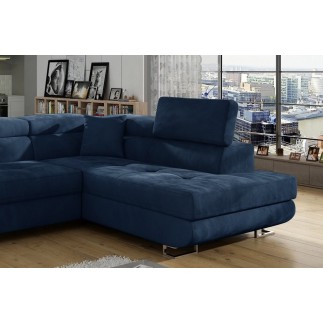 Canapé d'angle convertible en tissu luxe 5 places, avec coffre, bleu foncé, angle droit (vu de face), ANNECY KRONO