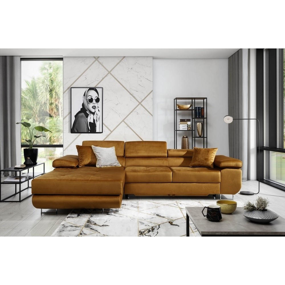 - Canapé d'angle convertible ARMEL en tissu velours luxe 5 places, couleur cuivre, avec coffre, angle gauche (vu de face)