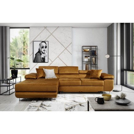 - Canapé d'angle convertible ARMEL en tissu velours luxe 5 places, couleur cuivre, avec coffre, angle gauche (vu de face)