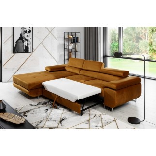 - Canapé d'angle convertible ARMEL en tissu velours luxe 5 places, couleur cuivre, avec coffre, angle gauche (vu de face)