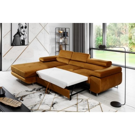 - Canapé d'angle convertible ARMEL en tissu velours luxe 5 places, couleur cuivre, avec coffre, angle gauche (vu de face)
