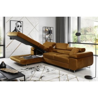 - Canapé d'angle convertible ARMEL en tissu velours luxe 5 places, couleur cuivre, avec coffre, angle gauche (vu de face)