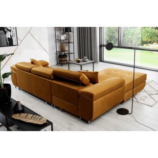 - Canapé d'angle convertible ARMEL en tissu velours luxe 5 places, couleur cuivre, avec coffre, angle gauche (vu de face)