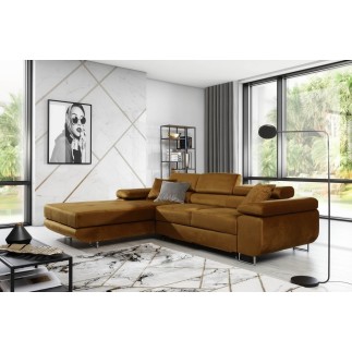 - Canapé d'angle convertible ARMEL en tissu velours luxe 5 places, couleur cuivre, avec coffre, angle gauche (vu de face)