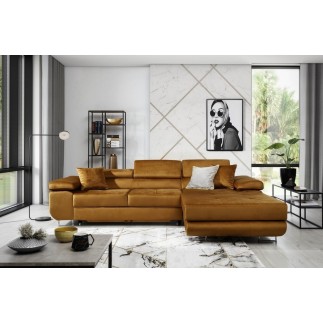 Canapé d'angle convertible ARMEL en tissu velours luxe 5 places, couleur cuivre, avec coffre, angle droit (vu de face)