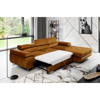 Canapé d'angle convertible ARMEL en tissu velours luxe 5 places, couleur cuivre, avec coffre, angle droit (vu de face)