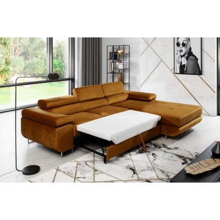 Canapé d'angle convertible ARMEL en tissu velours luxe 5 places, couleur cuivre, avec coffre, angle droit (vu de face)