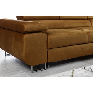 Canapé d'angle convertible ARMEL en tissu velours luxe 5 places, couleur cuivre, avec coffre, angle droit (vu de face)