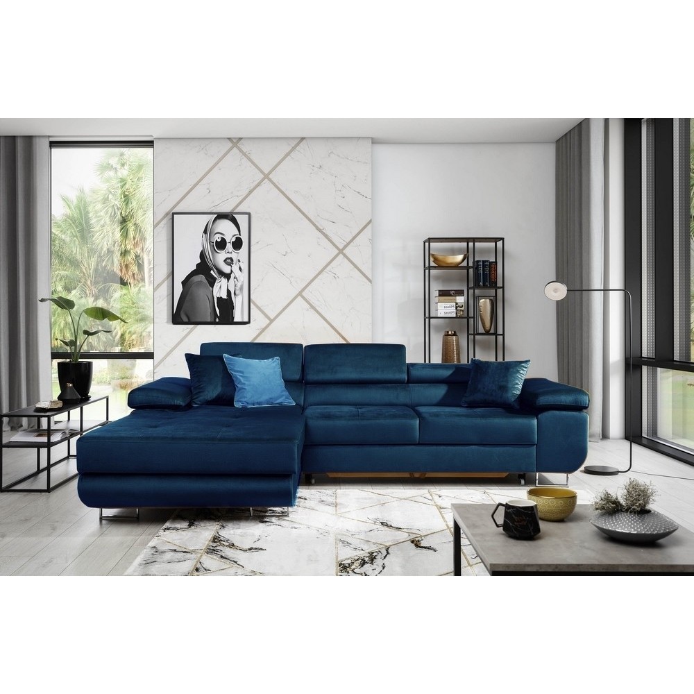 Canapé d'angle convertible ARMEL en tissu velours luxe 5 places, couleur bleu foncé, avec coffre, angle gauche (vu de face)