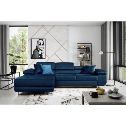 Canapé d'angle convertible ARMEL en tissu velours luxe 5 places, couleur bleu foncé, avec coffre, angle gauche (vu de face)