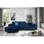 Canapé d'angle convertible ARMEL en tissu velours luxe 5 places, couleur bleu foncé, avec coffre, angle gauche (vu de face)