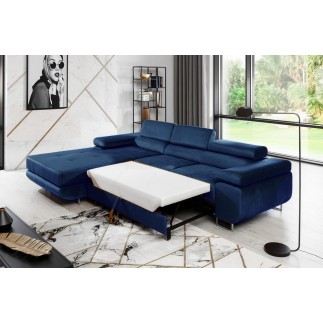 Canapé d'angle convertible ARMEL en tissu velours luxe 5 places, couleur bleu foncé, avec coffre, angle gauche (vu de face)