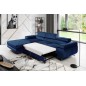 Canapé d'angle convertible ARMEL en tissu velours luxe 5 places, couleur bleu foncé, avec coffre, angle gauche (vu de face)