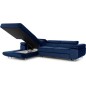 Canapé d'angle convertible ARMEL en tissu velours luxe 5 places, couleur bleu foncé, avec coffre, angle gauche (vu de face)