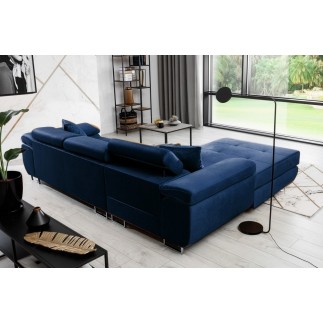 Canapé d'angle convertible ARMEL en tissu velours luxe 5 places, couleur bleu foncé, avec coffre, angle gauche (vu de face)