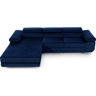 Canapé d'angle convertible ARMEL en tissu velours luxe 5 places, couleur bleu foncé, avec coffre, angle gauche (vu de face)