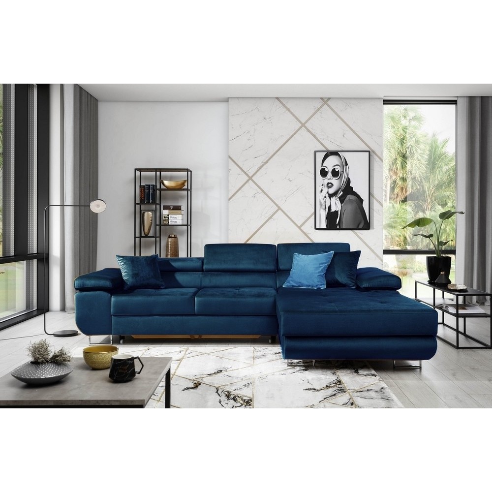 Canapé d'angle convertible ARMEL en tissu velours luxe 5 places, couleur bleu foncé, avec coffre, angle droit (vu de face)