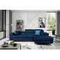 Canapé d'angle convertible ARMEL en tissu velours luxe 5 places, couleur bleu foncé, avec coffre, angle droit (vu de face)